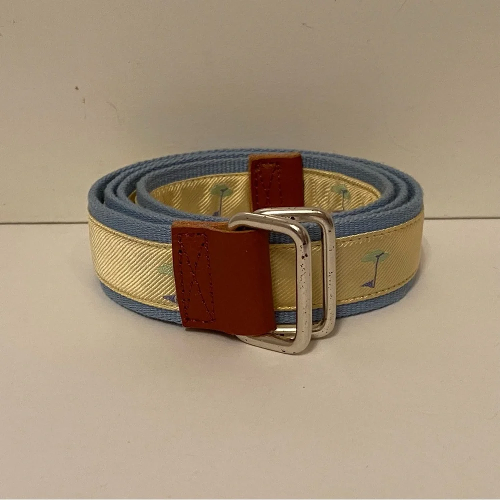 J. McLAUGHLIN BELT GOLF FLAG BLUE WEBBING YELLOW RIBBON BROWN LEATHER SIZE S USA